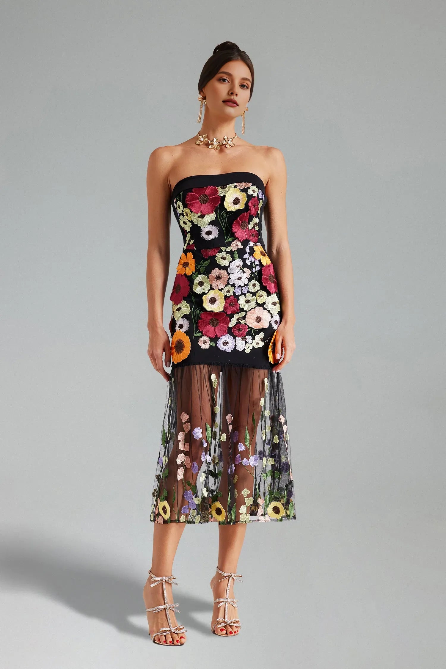 Robe Weitese sans manches, sans bretelles, brodée de fleurs 3D, longueur thé, ourlet noir, robe de bal en tulle